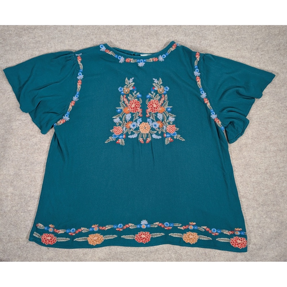 Entro Teal Green Floral Embroidered Flutter Sleeve Blouse Top Plus Size 1X Boho